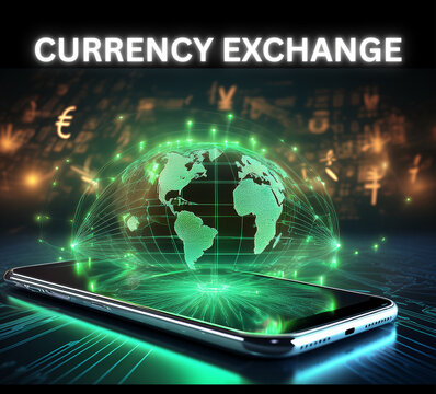 High-resolution, photorealistic side-view image of a smartphone glowing green with floating international currency symbols. Behind it, a detailed globe with golden illuminated lines connects continent