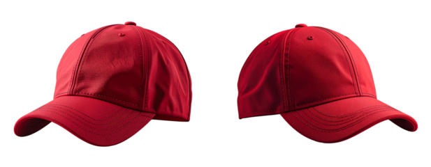 Side view of red baseball cap mockup with curved visor isolated on transparent background PNG