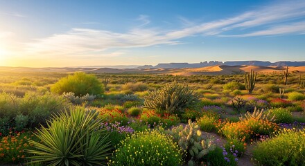 Vibrant Desert Landscape at Sunrise with Cacti and Arid Vegetation.