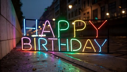 Colorful neon happy birthday sign glowing on a wet city sidewalk at night