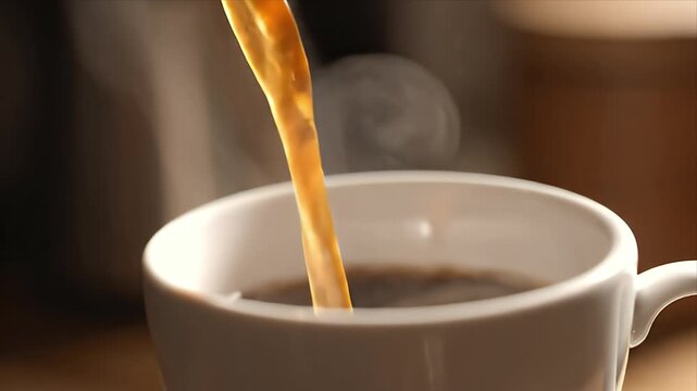 Coffee Pouring into Cup Close Up Slow Motion Warm Drink Morning Ritual Lifestyle Food Beverage