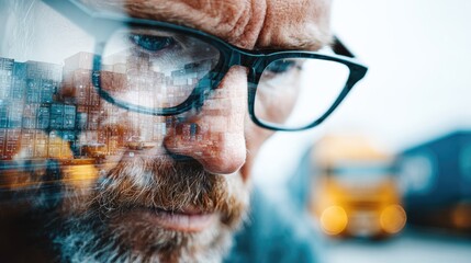 Thoughtful man with glasses looking at shipping containers and trucks in logistics double exposure concept