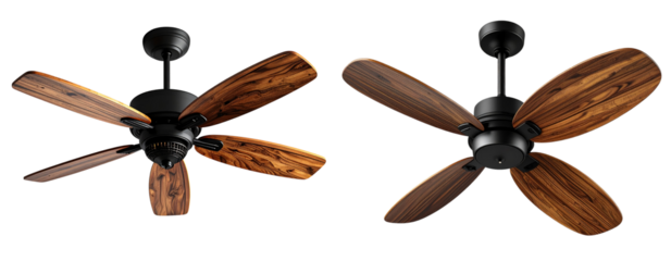 Angled perspective of contemporary ceiling fan with wooden blades and matte black frame isolated on transparent background PNG