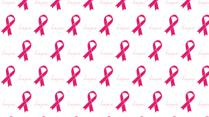 Breast cancer awareness seamless pattern with pink ribbons and the word 'hope'