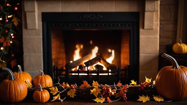 Cozy autumn scene with pumpkins and leaves, ideal for home decoration or seasonal event