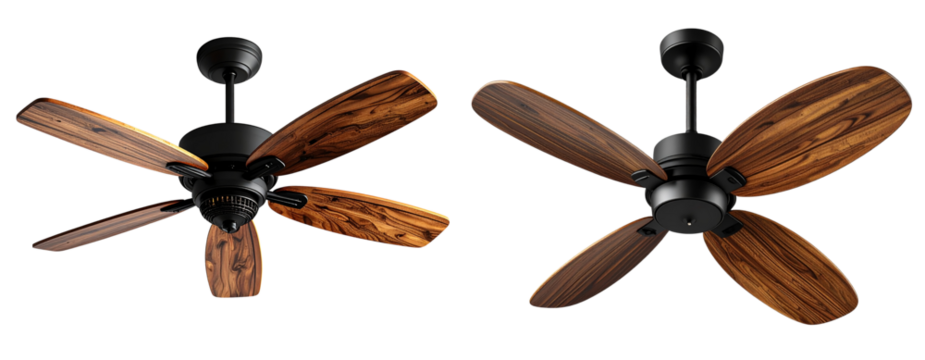 Angled perspective of contemporary ceiling fan with wooden blades and matte black frame isolated on transparent background PNG