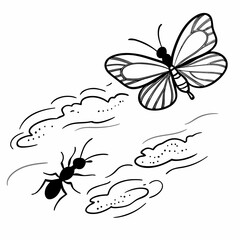 Ash veil ant butterfly silhouette on white background