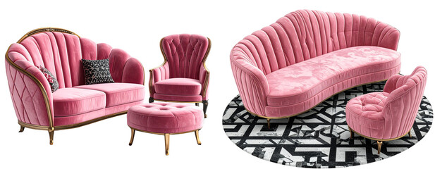 Curved back pink sofa with accent armchair and geometric rug in Art Deco design angled perspective isolated on transparent background PNG