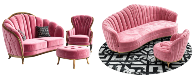 Curved back pink sofa with accent armchair and geometric rug in Art Deco design angled perspective isolated on transparent background PNG