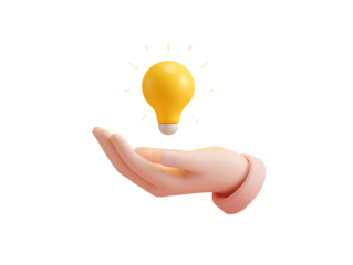 Minimal open hand with stylized glowing bulb, flat 3D illustration, isolated on transparent background PNG