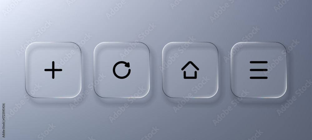 Poster glass morphism user interface buttons vector. set of add, refresh, home, and menu icons for web desi