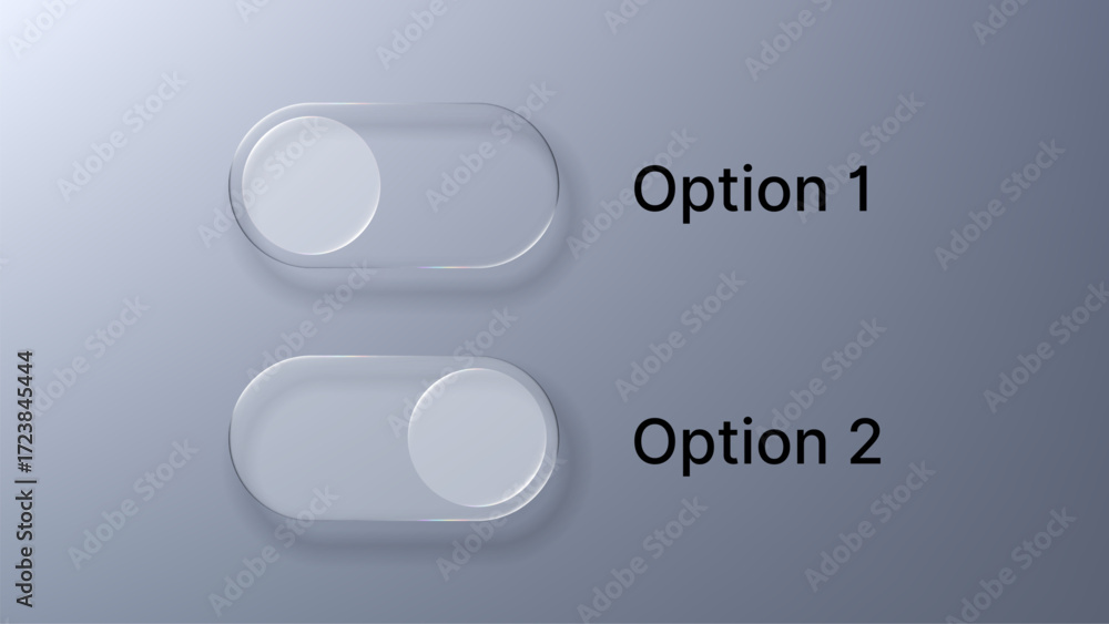 Poster two liquid glass morphism toggle switches for option selection. digital interface element with blur 