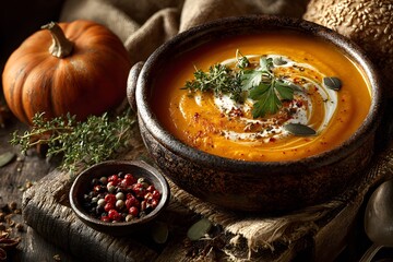 Close up of pumpkin soup with garnish in rustic bowl