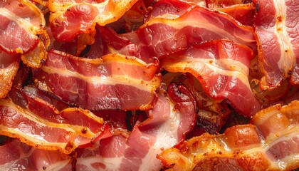 Crispy Cooked Bacon Strips Close Up Texture Background.