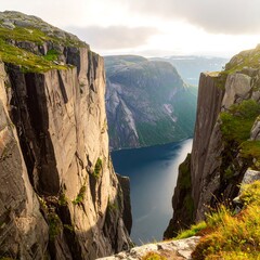 Dramatic fjord view from towering cliffs
