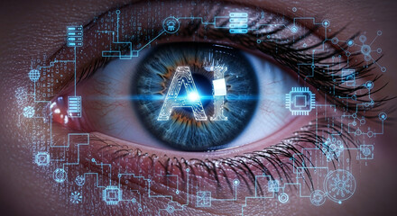 Intelligent eye with AI circuitry glowing, symbolizing future technology and advanced artificial intelligence vision, capturing innovation.