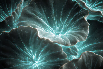 Macro of cultured cells forming radial waves with auroral curtain fluorescence. AI generative