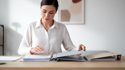 Professional woman engaged in organizing documents at a modern workspace, showcasing meticulous attention to detail and efficient workflow in a serene office environment - Powered by Adobe