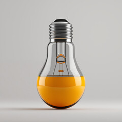 Light bulb with orange liquid inside on gray background, creative innovation and bright ideas concept for business solutions