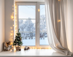 a window with a winter landscape and a Christmas tree on the windowsill and a garland