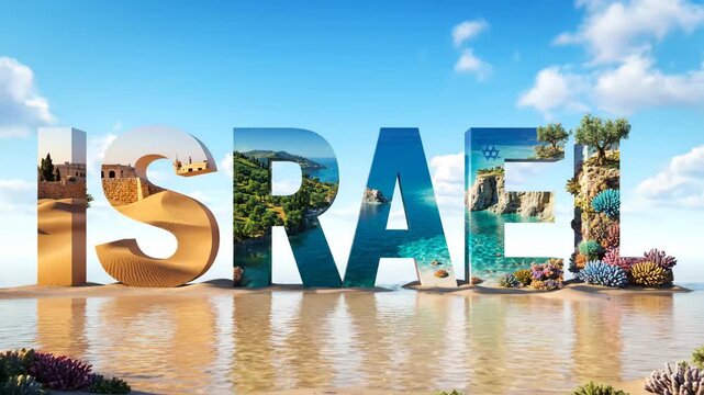 Israel: 3D Landscape Text - The word ISRAEL is displayed in three-dimensional letters, each filled with video representing diverse Israeli landscapes, from deserts and beaches to mountains and