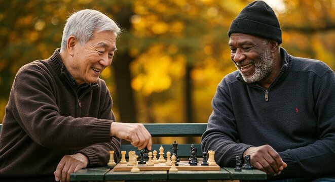 Two senior men enjoy a friendly chess match outdoors in a park, sharing laughter and strategy amidst the beauty of nature, fostering camaraderie.