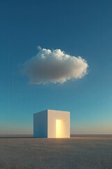 Minimalist white cube structure with glowing entrance under a single cloud in a vast serene landscape.
