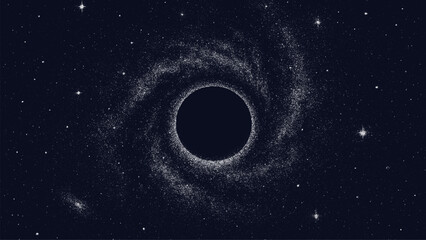 Black hole in deep space with stipple effect. Astrophotography dark galaxy background. Cosmic abstract art for science fiction. © hiten666