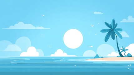 Obraz premium Flat design illustration of tropical beach with palm tree sun and ocean waves in minimalist style for summer vacation concept
