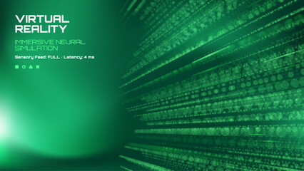 Obraz premium Green abstract virtual reality background with dots and immersive neural simulation text. Digital technology concept.