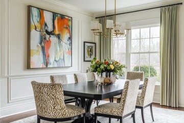 Fototapeta premium Large framed colorful abstract artwork displayed in elegant modern farmhouse dining room with white walls, light green curtains, black table, and beige patterned chairs.