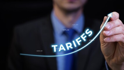 Businessman Drawing Upward Curved Arrow With The Word Tariffs And Financial Data Floating. Tariff Increase. Digital 3D graphics