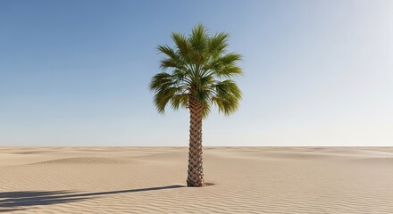 Solitary palm tree stands tall against a clear blue sky in a vast, sun-drenched desert landscape.