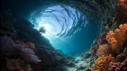 Underwater cave with coral reef and sun rays shining through ocean water