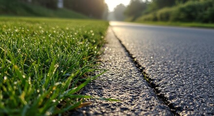 Fototapeta premium Dew-kissed grass meets asphalt edge on a sunlit road, capturing a tranquil early morning moment in nature and urban convergence.