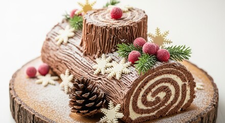 Delicious Chocolate Christmas Yule Log Cake Decoration