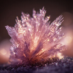 Frost crystal macro with embedded dust and sparkling backlight. AI generative