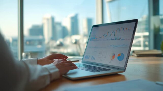 Medium shot of a professional offering interim virtual CFO services analyzing financial reports in a modern office setting.