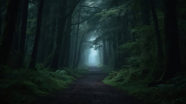 Misty Forest Path, Exploration, the Unknown, Fear, and Mystery Background