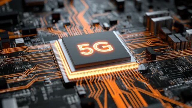 This visual highlights the intricate details of a 5G chip on a circuit board. It showcases the advanced technology and electrical pathways that enable high-speed connectivity
