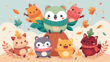 Fototapeta premium Cute autumn animals in cozy sweaters playing with falling leaves in a colorful cartoon forest scene