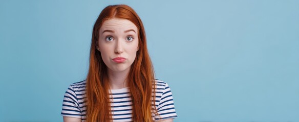 The redheaded woman making a puzzled pout against a blue studio background