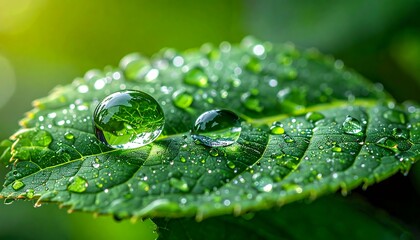 Dew drops on a vibrant green leaf