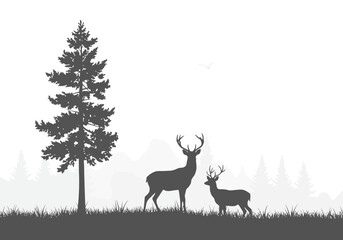 Obraz premium Majestic Deer Silhouettes in Misty Forest Landscape.