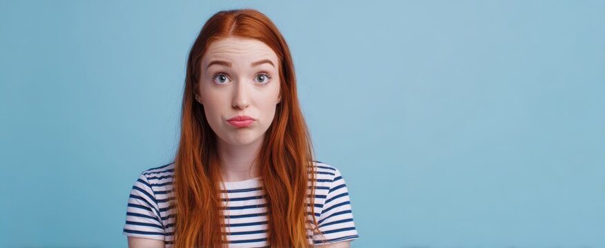 The redheaded woman making a puzzled pout against a blue studio background - Powered by Adobe