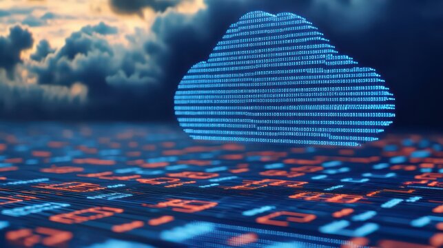 A digital representation of a cloud with binary code, symbolizing cloud computing and data storage amidst a backdrop of abstract clouds.