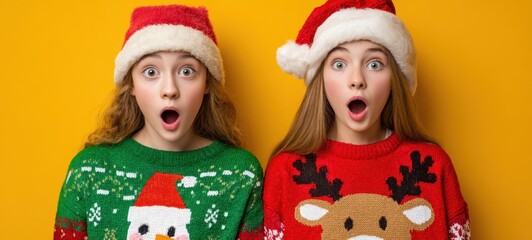 The girls in Christmas sweaters and Santa hats with surprised expressions