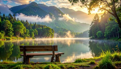 Obraz premium Serene Sunrise Mountain Lake Peaceful Bench Nature Scenery.