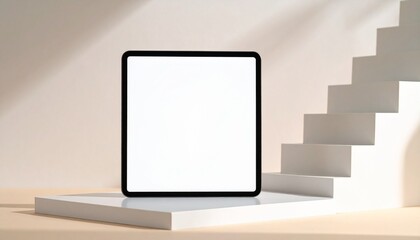 Fototapeta premium Minimalist Tablet Mockup on Beige Platform with White Stairs.