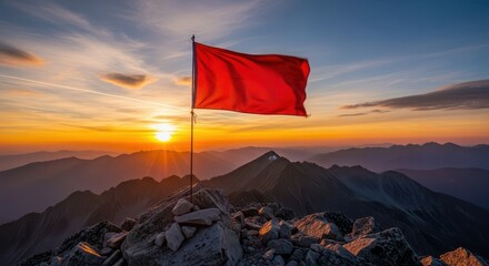 Red Flag Waving on Mountain Peak at Sunrise Sky